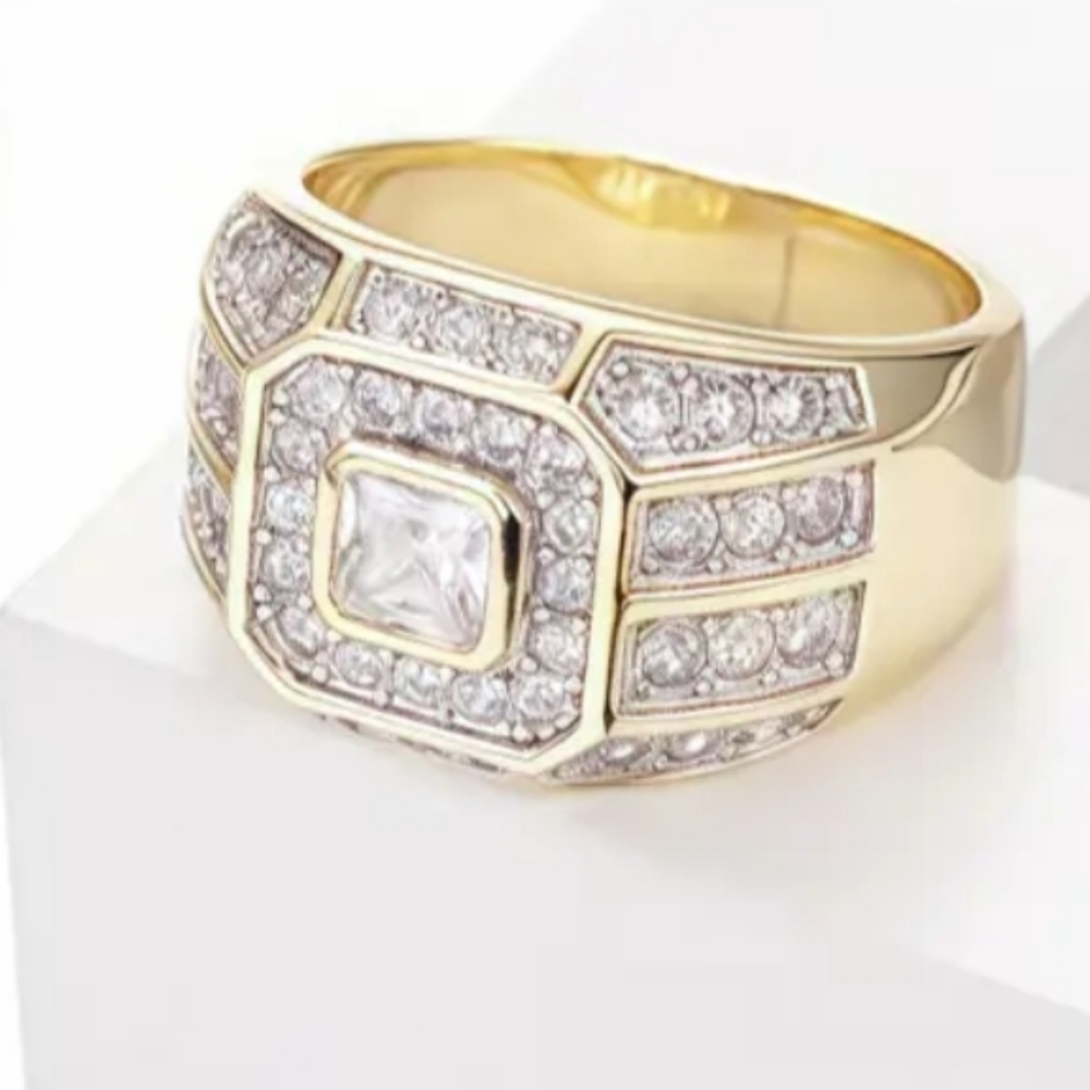 Classic Men's Gold and Silver Art Deco Ring with Diamond Accents Sz 11 - Picture 4 of 13